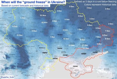 In some places the ground only absorbs enough heat in the summer to thaw the top layer of the ground. . When does the ground freeze in ukraine